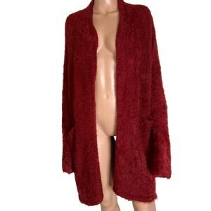 LUSH cardigan sweater burgundy eyelash front pockets long open front SZ LG